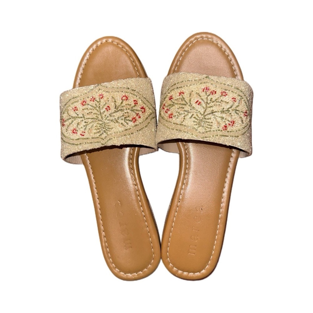 Marea Women's Size 9 Floral Vine Gold Pink & Green Beaded Slide Sandals